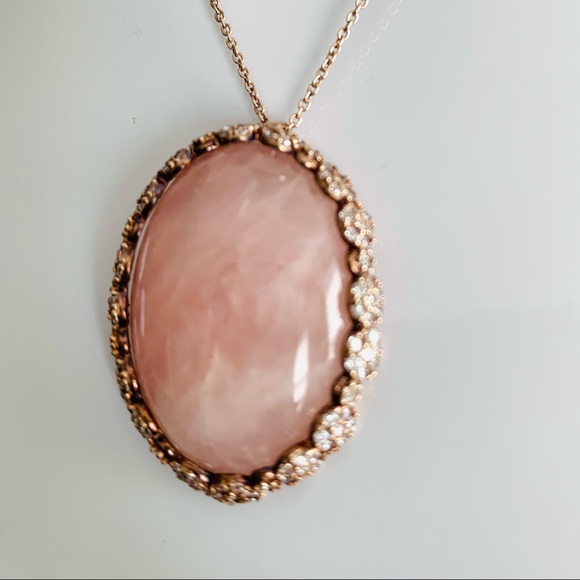 Large oval shaped pink opal pendant in red gold frame red gold chain necklace - Picture 2 of 6